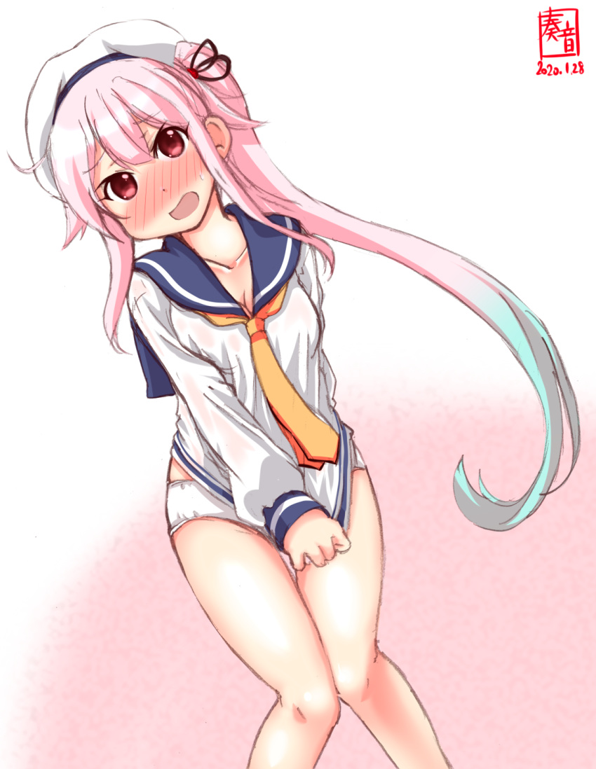 artist_logo blue_hair blue_sailor_collar blush commentary_request cosplay cowboy_shot dated dress gradient_hair harusame_(kantai_collection) highres kanon_(kurogane_knights) kantai_collection long_hair looking_at_viewer multicolored_hair neckerchief nose_blush panties pink_hair red_eyes ribbon sailor_collar sailor_dress short_dress side_ponytail simple_background undersized_clothes underwear white_background white_panties yellow_neckwear yukikaze_(kantai_collection) yukikaze_(kantai_collection)_(cosplay)