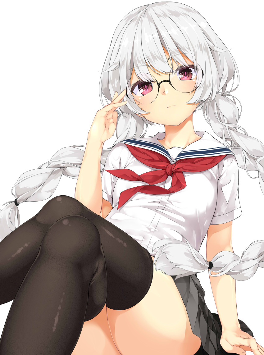 1girl absurdres ass bangs black_legwear commentary_request copyright_request eyebrows_visible_through_hair frown glasses grey_skirt highres long_hair looking_at_viewer low-tied_long_hair pink_eyes school_uniform serafuku shirt simple_background skirt solo thigh-highs tries twintails white_background white_hair