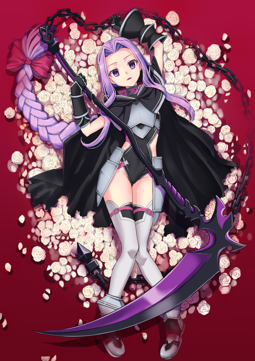 1girl armor arms_up ass_visible_through_thighs black_capelet black_cloak black_footwear black_gloves black_leotard boots bow braid breastplate capelet chain cloak collar commentary_request dousunnen fate/grand_order fate_(series) flower forehead full_body gloves hair_bow hair_intakes highres hood hooded_cloak legs leotard long_braid long_hair lying medusa_(lancer)_(fate) on_back purple_hair red_background red_collar ribbon scythe simple_background solo thigh-highs thigh_gap thigh_strap thighs very_long_hair violet_eyes weapon white_legwear