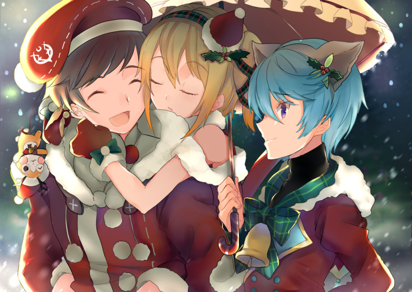 1girl 2boys :d animal_ears bangs black_sweater blonde_hair blue_hair brown_hair brown_hairband closed_eyes closed_mouth edna_(tales) eyebrows_visible_through_hair fake_animal_ears fur-trimmed_gloves fur_trim gloves gradient_hair hair_between_eyes hairband hat holding holding_umbrella mikleo_(tales) mini_hat multicolored_hair multiple_boys normin_(tales) open_mouth pink_background red_gloves red_headwear santa_costume santa_gloves shibaebi_(yasaip_game) short_hair side_ponytail sleeping smile snowing sorey_(tales) sweater tales_of_(series) tales_of_zestiria turtleneck turtleneck_sweater umbrella violet_eyes