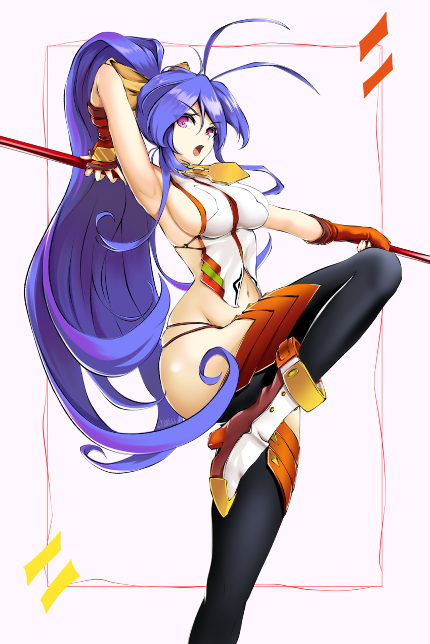 1girl antenna_hair armpits bangs bare_shoulders blazblue blue_hair boots bow breasts chaesu genderswap genderswap_(mtf) gloves hair_between_eyes hair_bow high_heel_boots high_heels highres holding holding_weapon large_breasts leg_up long_hair looking_at_viewer mai_natsume navel open_mouth ponytail ribbon sideboob sidelocks skindentation solo thighs very_long_hair weapon yellow_bow