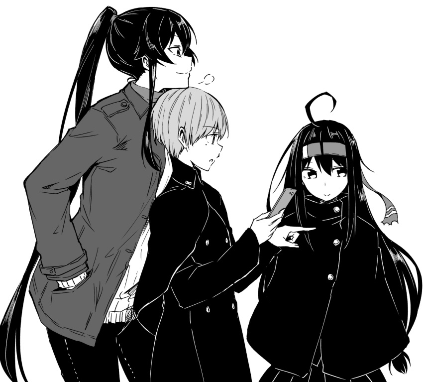 1boy 2girls ahoge alternate_costume bangs cellphone chin_on_head chin_rest eyebrows_visible_through_hair greyscale hand_in_pocket hatsushimo_(kantai_collection) headband height_difference highres jacket kantai_collection little_boy_admiral_(kantai_collection) long_hair long_sleeves monochrome multiple_girls pants phone ponytail rindou_(rindou_annon) simple_background smartphone smile turtleneck white_background yahagi_(kantai_collection)