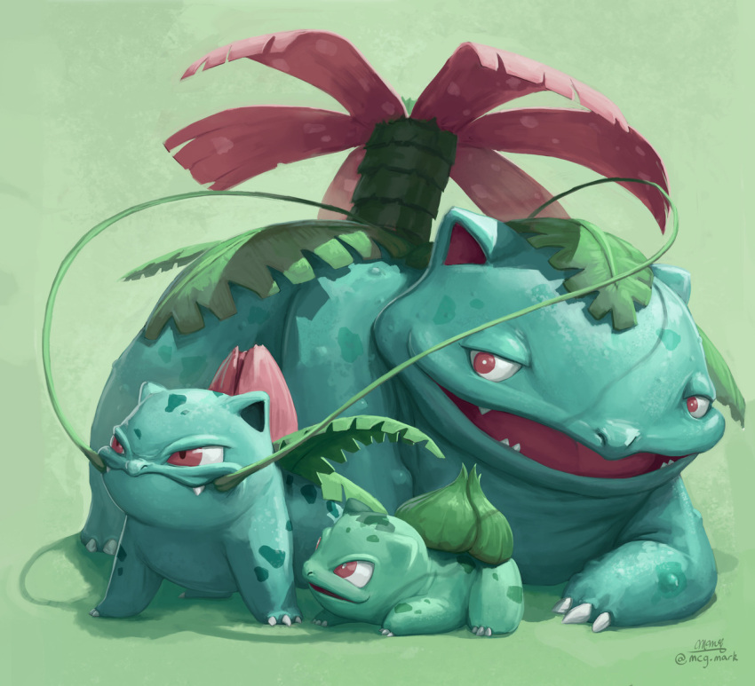 brown_eyes bulbasaur claws commentary creature english_commentary full_body gen_1_pokemon green_theme ivysaur mcgmark no_humans pokemon pokemon_(creature) shadow signature simple_background smile standing venusaur