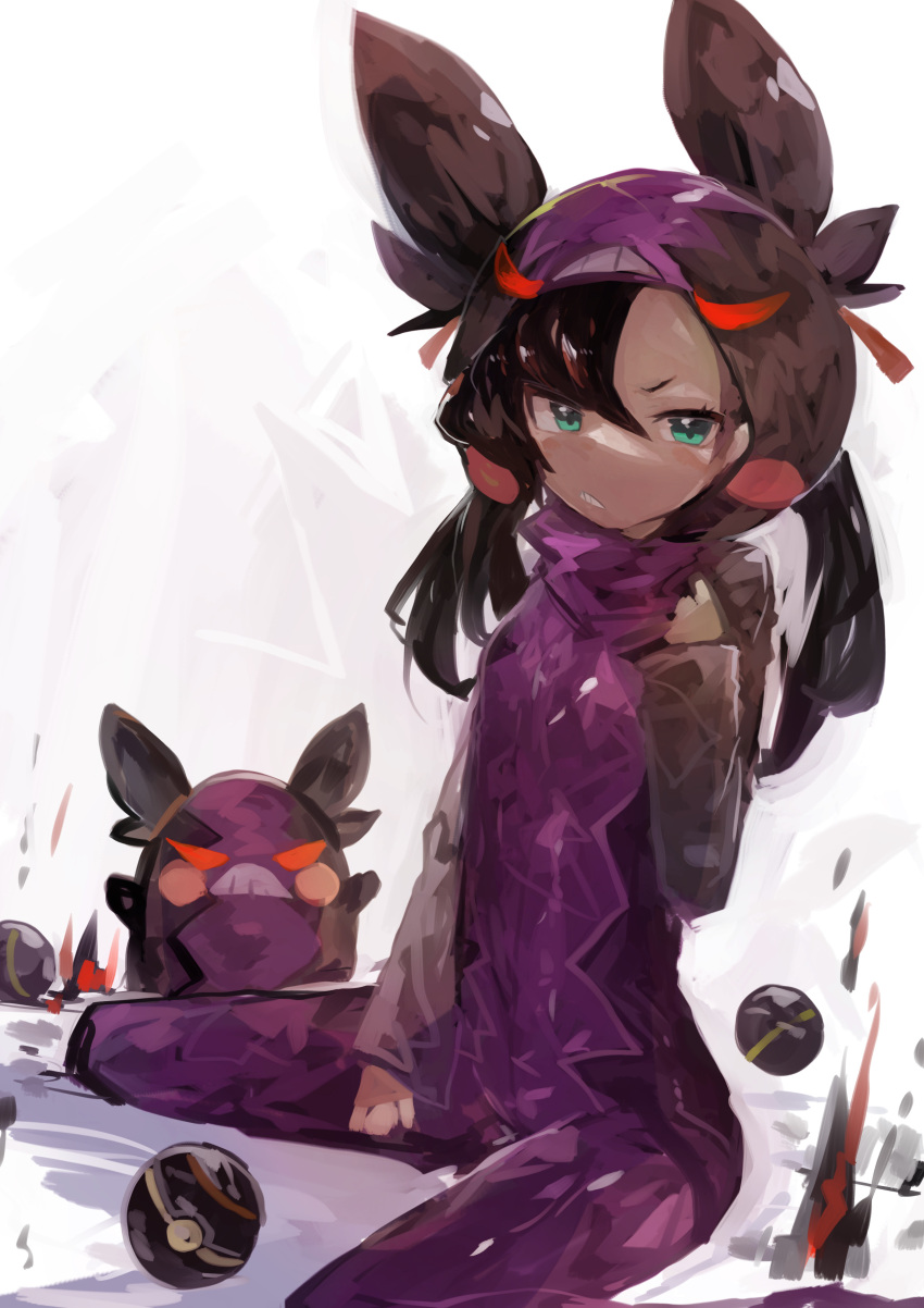 1girl absurdres alternate_costume asymmetrical_bangs asymmetrical_hair bangs black_hair blue_eyes clenched_teeth costume gen_8_pokemon hair_between_eyes hair_ribbon highres hood hood_up kaamin_(mariarose753) long_hair long_sleeves luxury_ball mary_(pokemon) morpeko poke_ball pokemon pokemon_(creature) pokemon_(game) pokemon_swsh red_eyes ribbon simple_background sitting teeth