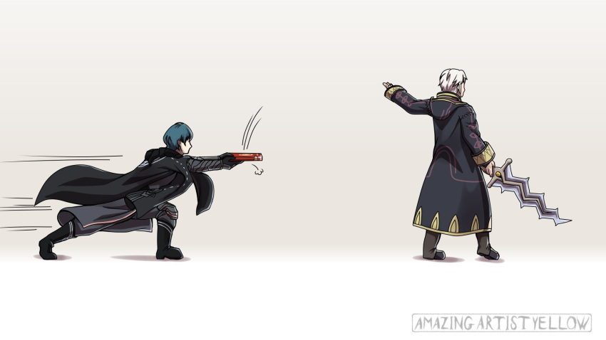 2boys amazingartistyellow arm_up artist_name black_coat black_footwear black_gloves blue_hair book boots byleth_(fire_emblem) byleth_eisner_(male) catching fire_emblem fire_emblem:_three_houses fire_emblem_awakening from_behind full_body gloves highres holding holding_sword holding_weapon hood hood_down hooded_coat jacket_on_shoulders knee_boots levin_sword long_sleeves male_focus motion_lines multiple_boys outstretched_arms pink_background robin_(fire_emblem) robin_(fire_emblem)_(male) silver_hair speed_lines standing super_smash_bros. sword throwing weapon