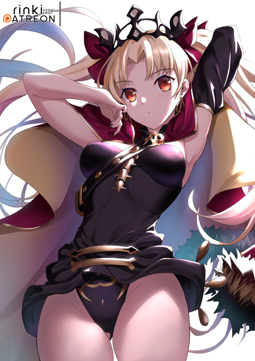 1girl armpits arms_up artist_name ass_visible_through_thighs bangs black_leotard black_nails blonde_hair blue_hair bow breasts cape cowboy_shot detached_sleeves earrings ereshkigal_(fate/grand_order) fate/grand_order fate_(series) gradient_hair groin hair_bow highres jewelry leotard lo_xueming long_hair medium_breasts multicolored_hair nail_polish parted_bangs patreon_logo patreon_username purple_bow purple_cape red_eyes simple_background single_detached_sleeve solo tiara very_long_hair white_background