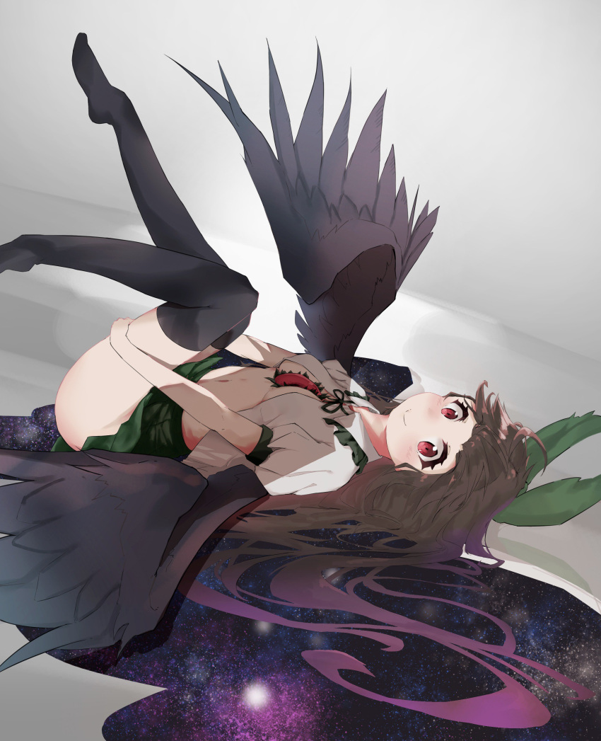 1girl absurdres between_breasts black_legwear black_wings bow breasts brown_hair cape closed_mouth feathered_wings green_bow green_skirt grey_background hair_bow highres jeynine9 legs_up long_hair looking_at_viewer lying medium_breasts miniskirt no_bra no_shoes on_back over-kneehighs puffy_short_sleeves puffy_sleeves red_eyes reiuji_utsuho shirt short_sleeves skirt sky smile solo space star_(sky) starry_sky thigh-highs third_eye touhou white_shirt wings