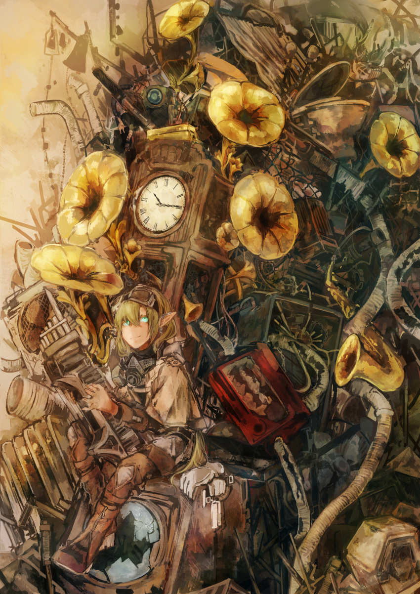 absurdres blonde_hair blue_eyes broken brown_pants clock day elf gloves gloves_removed goggles goggles_on_head grandfather_clock highres horn huge_filesize instrument keyboard_(instrument) original outdoors pants phonograph pointy_ears saxophone suzunana0730 tagme trumpet
