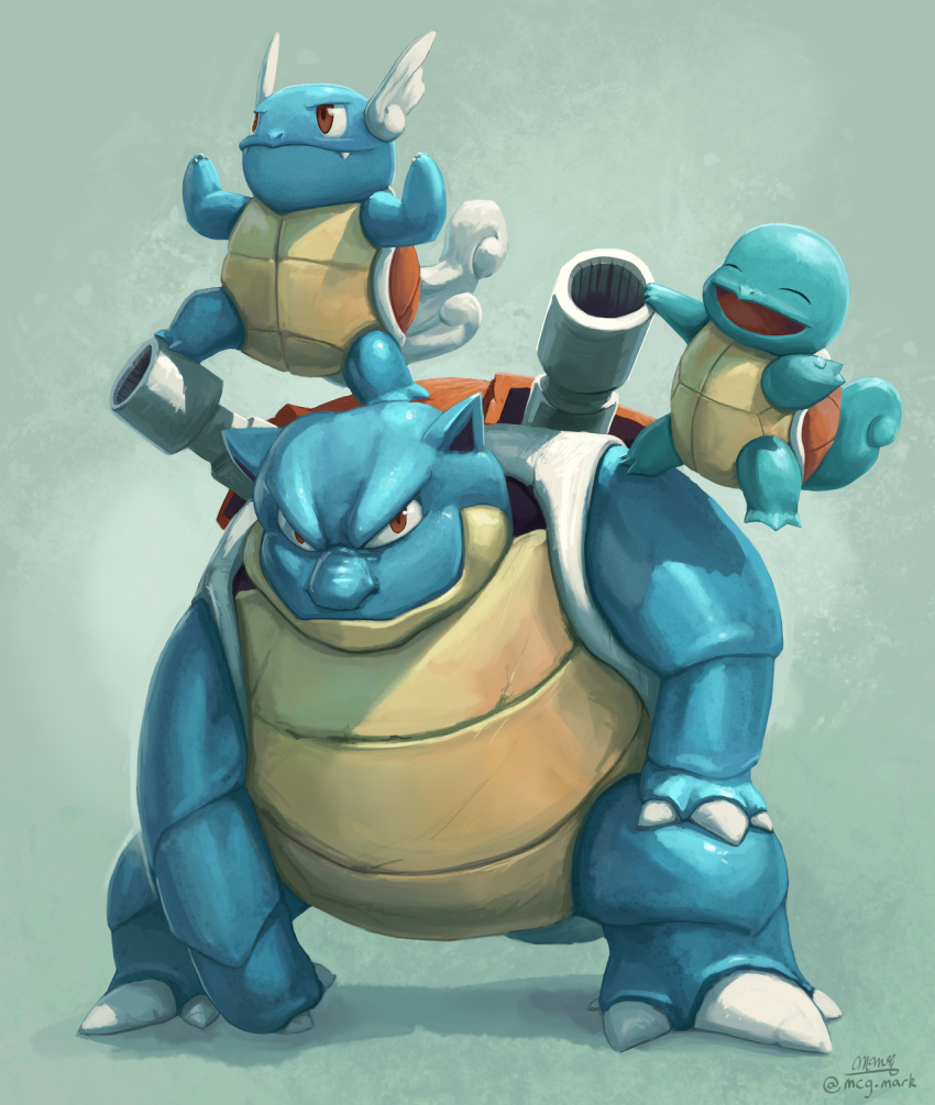 :d ^_^ blastoise blue_theme brown_eyes claws closed_eyes commentary creature english_commentary full_body gen_1_pokemon highres mcgmark no_humans open_mouth pokemon pokemon_(creature) shadow shell signature simple_background smile squirtle standing wartortle