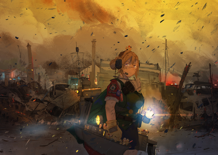 1girl 2019_2020_australian_bushfire blue_neckwear braid braided_bangs braided_bun cape car cloak fire green_cape green_cloak green_vest ground_vehicle kantai_collection motor_vehicle perth_(kantai_collection) rigging ruins vest ye_fan