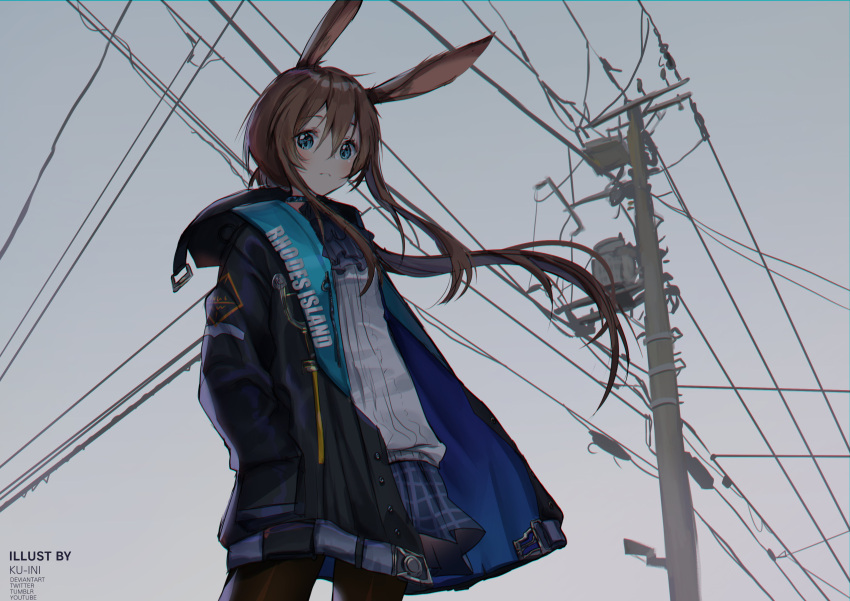 1girl absurdres amiya_(arknights) animal_ears arknights artist_name black_legwear blue_eyes blue_skirt blush brown_hair closed_mouth clouds cloudy_sky expressionless eyebrows_visible_through_hair highres kuini long_hair looking_at_viewer outdoors pantyhose power_lines skirt sky solo