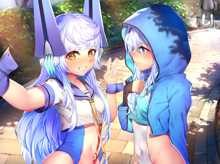 2girls bangs blonde_hair blue_eyes blue_hoodie blush breasts collarbone commentary_request covered_navel eyebrows_visible_through_hair hair_ornament highres hood le_fantasque_(warship_girls_r) le_terrible_(warship_girls_r) long_hair looking_at_another looking_at_viewer multiple_girls navel outdoors ray_(pixiv9514208) small_breasts warship_girls_r