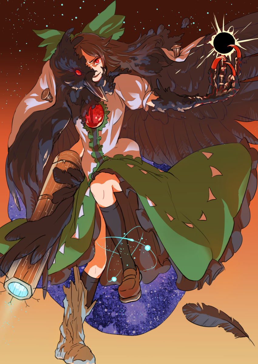 1girl amayadori-tei arm_at_side arm_cannon bird black_legwear black_sun black_wings bow breasts brown_footwear brown_hair cape claws crow feathered_wings feathers fusion gradient gradient_background green_bow green_skirt hair_bow highres kneehighs light_particles long_hair looking_at_viewer medium_breasts nail orange_background outstretched_arm parted_lips red_eyes reiuji_utsuho shirt shoes skirt solo sun third_eye touhou weapon white_shirt wings