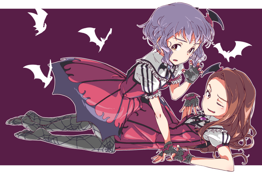 2girls bat bat_hair_ornament brooch brown_hair commentary_request fangs fingerless_gloves gloves guriko_(mossari) hair_ornament idolmaster idolmaster_million_live! jewelry long_hair looking_at_viewer makabe_mizuki minase_iori multiple_girls my_dear_vampire nail_polish neck_ribbon one_eye_closed open_mouth pantyhose print_legwear puffy_short_sleeves puffy_sleeves purple_hair ribbon short_hair short_sleeves spider_web_print vampire vampire_costume yellow_eyes