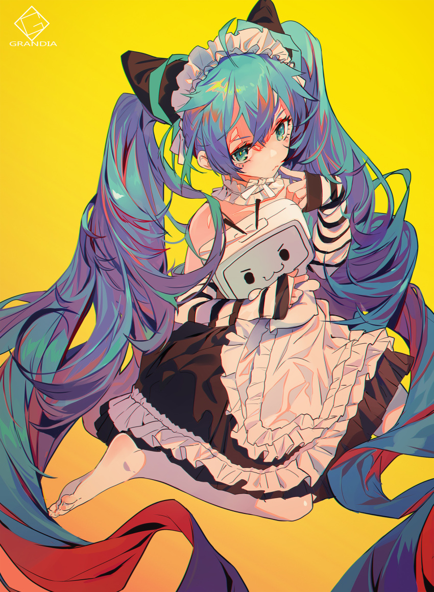absurdly_long_hair absurdres apron aqua_eyes aqua_hair arm_warmers artist_logo barefoot dress finger_to_mouth frilled_apron frilled_dress frills full_body grandialee hatsune_miku highres holding_another long_hair looking_at_viewer maid maid_apron maid_dress maid_headdress sitting striped_arm_warmers twintails very_long_hair vocaloid wariza xiao_dianshi yellow_background