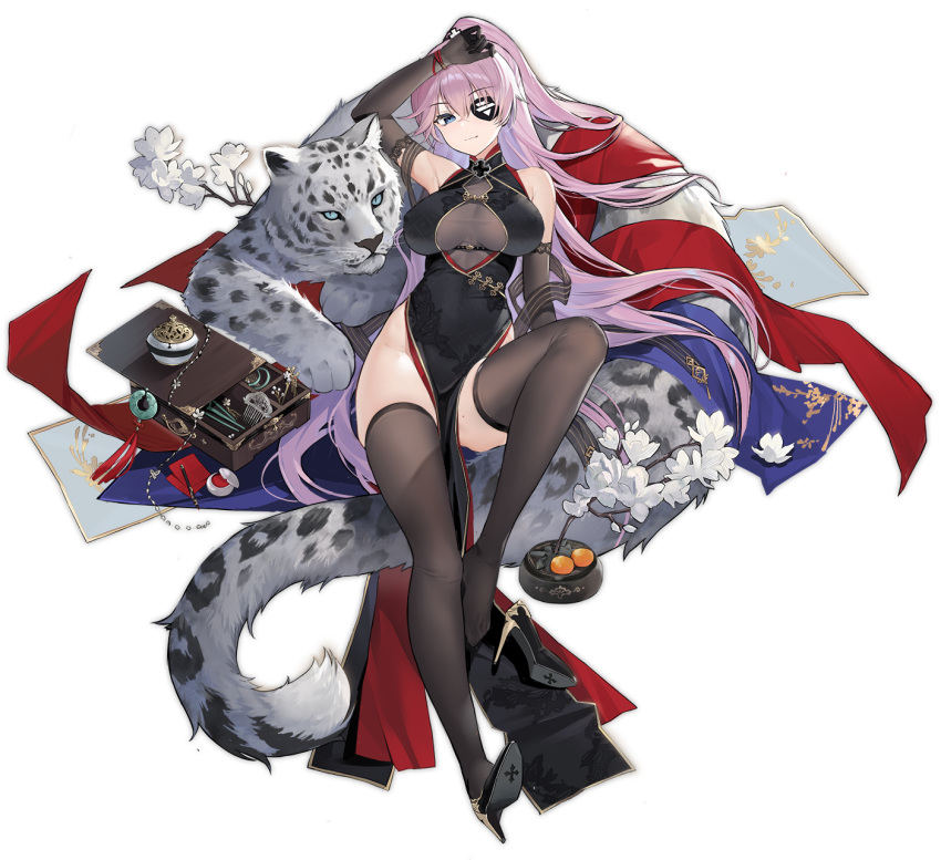 1girl animal arm_up azur_lane black_dress black_gloves black_legwear blue_eyes china_dress chinese_clothes cleavage_cutout dress elbow_gloves eyebrows_visible_through_hair eyepatch full_body gloves high_heels highres long_hair mole_on_thigh no_panties ntrsis official_art one_side_up pelvic_curtain pink_hair scharnhorst_(azur_lane) snow_leopard thigh-highs transparent_background very_long_hair