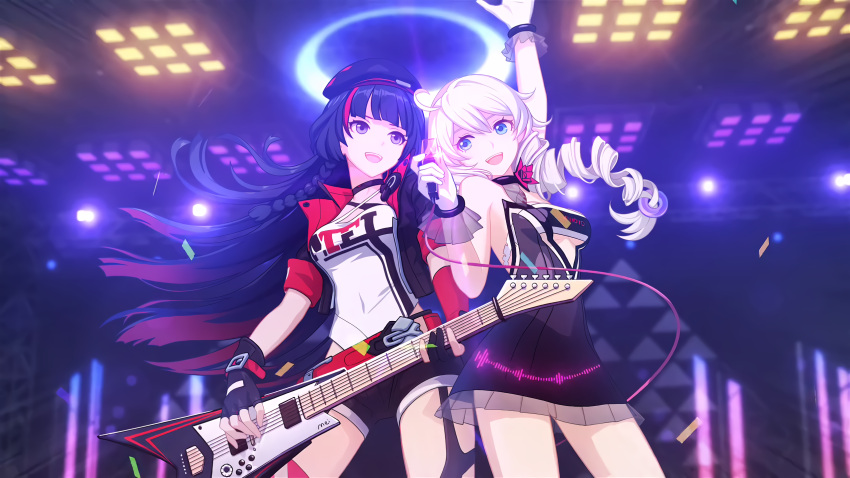 2girls black_hair game_cg guitar highres honkai_(series) honkai_impact_3rd instrument kiana_kaslana long_hair looking_at_another microphone multiple_girls official_art open_mouth raiden_mei silver_hair smile