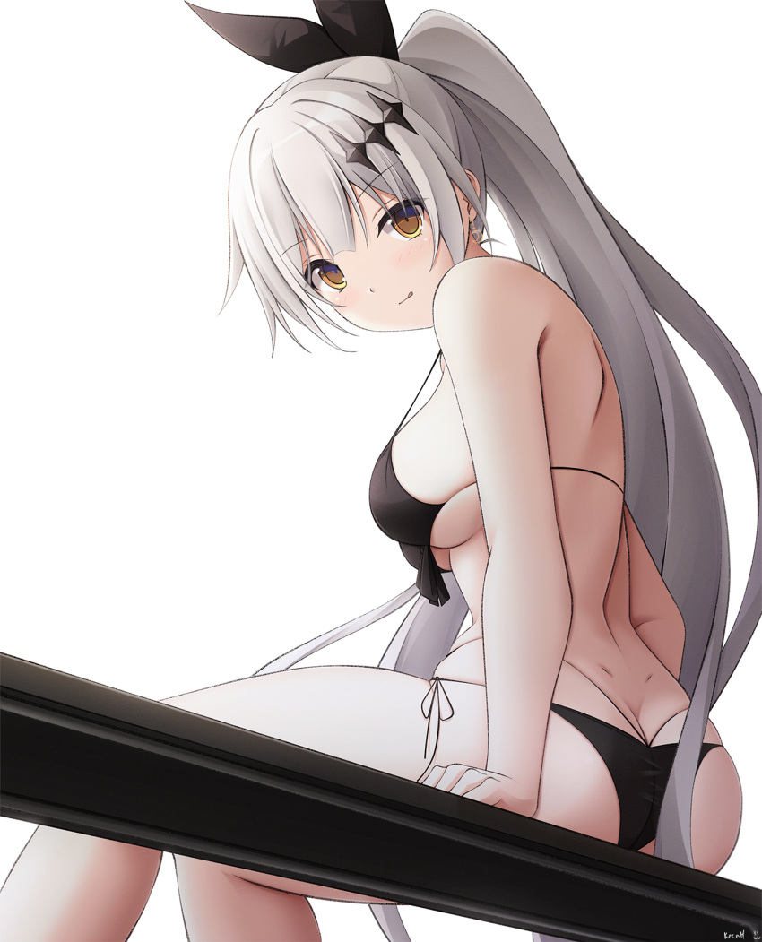 1girl :q ass bare_arms bare_shoulders bikini black_bikini breasts butt_crack dimples_of_venus five-seven_(girls_frontline) front-tie_bikini front-tie_top girls_frontline hair_ornament hair_ribbon highres keenh long_hair looking_at_viewer looking_back medium_breasts multi-strapped_bikini ponytail ribbon side-tie_bikini silver_hair simple_background sitting skindentation smile solo strap_gap swimsuit thighs tongue tongue_out very_long_hair white_background yellow_eyes