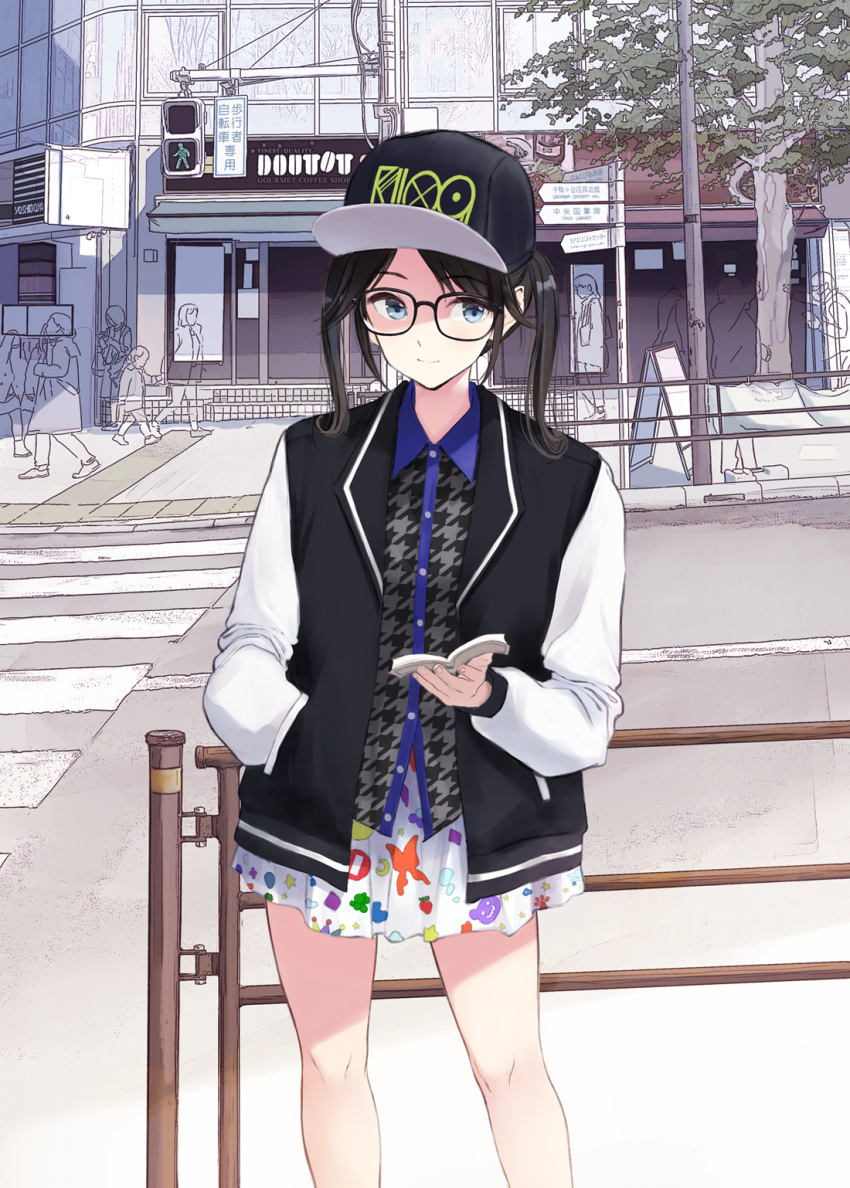 1girl black-framed_eyewear black_hair black_headwear blue_eyes book closed_mouth day eyebrows_visible_through_hair glasses hat highres holding holding_book idolmaster idolmaster_shiny_colors jacket looking_at_viewer mitsumine_yuika outdoors short_hair short_twintails smile tetsuya_rice twintails