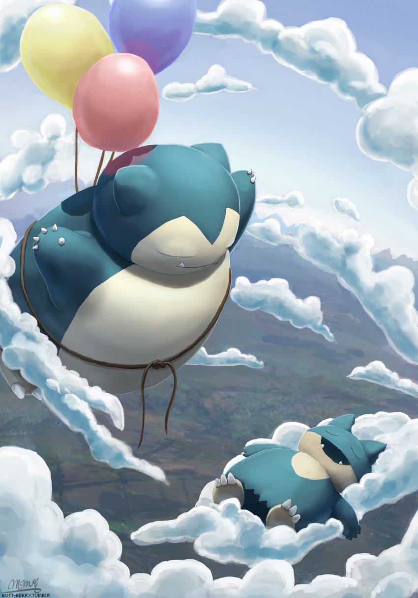 balloon claws clouds cloudy_sky facing_another fangs gen_1_pokemon gen_4_pokemon highres lying munchlax no_humans on_back pokemon signature sky sleeping snorlax watermark web_address