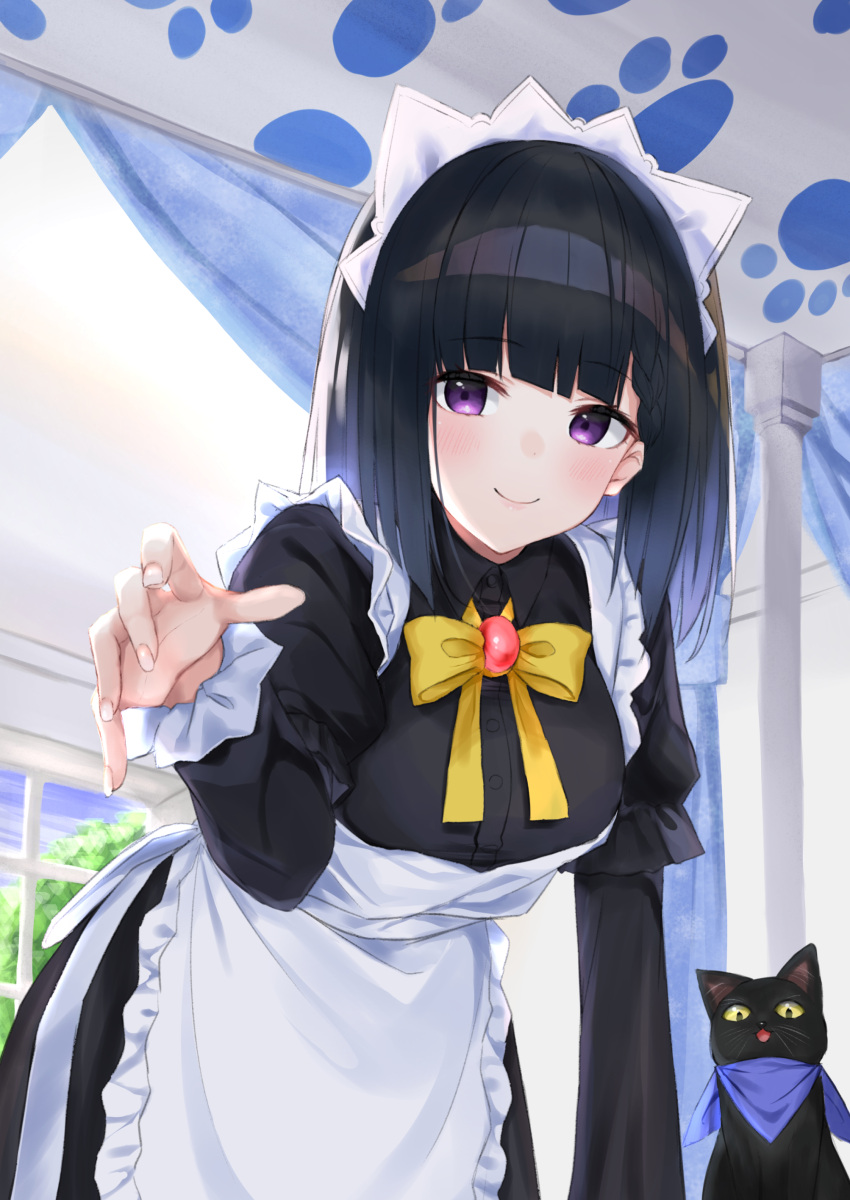 1girl absurdres animal apron backlighting bangs bed black_cat black_dress black_hair blush bow breasts canopy_bed cat closed_mouth collared_dress commentary_request curtains dress eyebrows_visible_through_hair frilled_apron frills hashiko_nowoto highres indoors long_hair long_sleeves looking_at_viewer maid original puffy_short_sleeves puffy_sleeves short_over_long_sleeves short_sleeves small_breasts smile solo violet_eyes waist_apron white_apron window yellow_bow