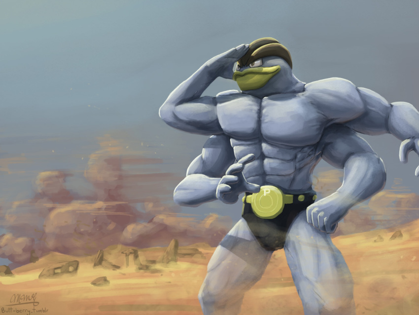 brown_eyes commentary creature desert english_commentary feet_out_of_frame gen_1_pokemon machamp mcgmark no_humans outdoors pokemon pokemon_(creature) rock smirk solo standing wings