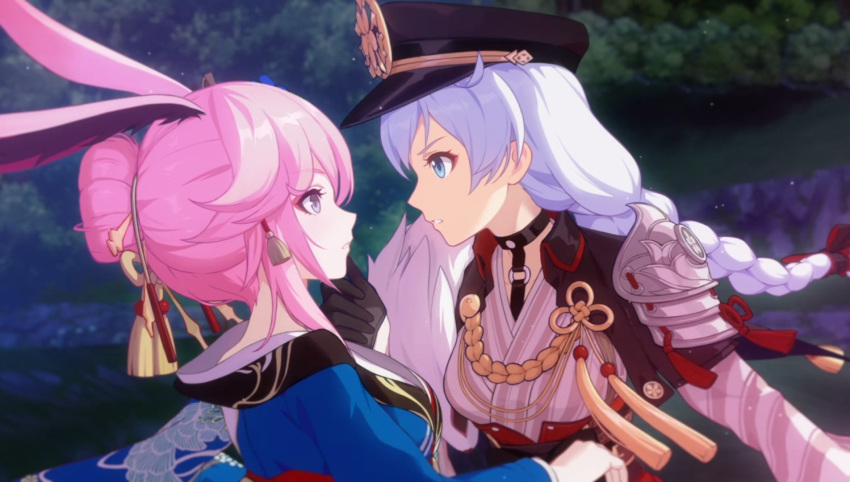 2girls game_cg gloves hair_ornament hand_on_another's_chin hat highres honkai_(series) honkai_impact_3rd japanese_clothes kallen_kaslana kallen_kaslana_(sixth_serenade) looking_at_another multiple_girls official_art pink_hair silver_hair yae_sakura yae_sakura_(goushinnso_memento) yuri