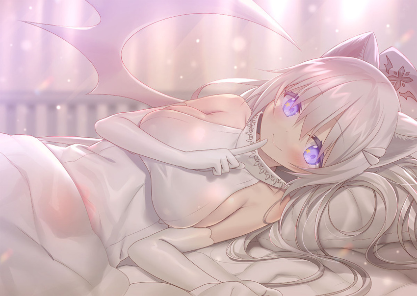 1girl animal_ears bare_shoulders bed_sheet blanket blonde_hair blurry blurry_background blush breasts cat_ears closed_mouth commentary_request depth_of_field elbow_gloves finger_to_mouth gloves index_finger_raised large_breasts lens_flare long_hair looking_at_viewer lying on_bed on_side original pillow shushing sideboob sleeveless smile solo star star_in_eye symbol_in_eye under_covers violet_eyes white_gloves white_wings wings yano_mitsuki