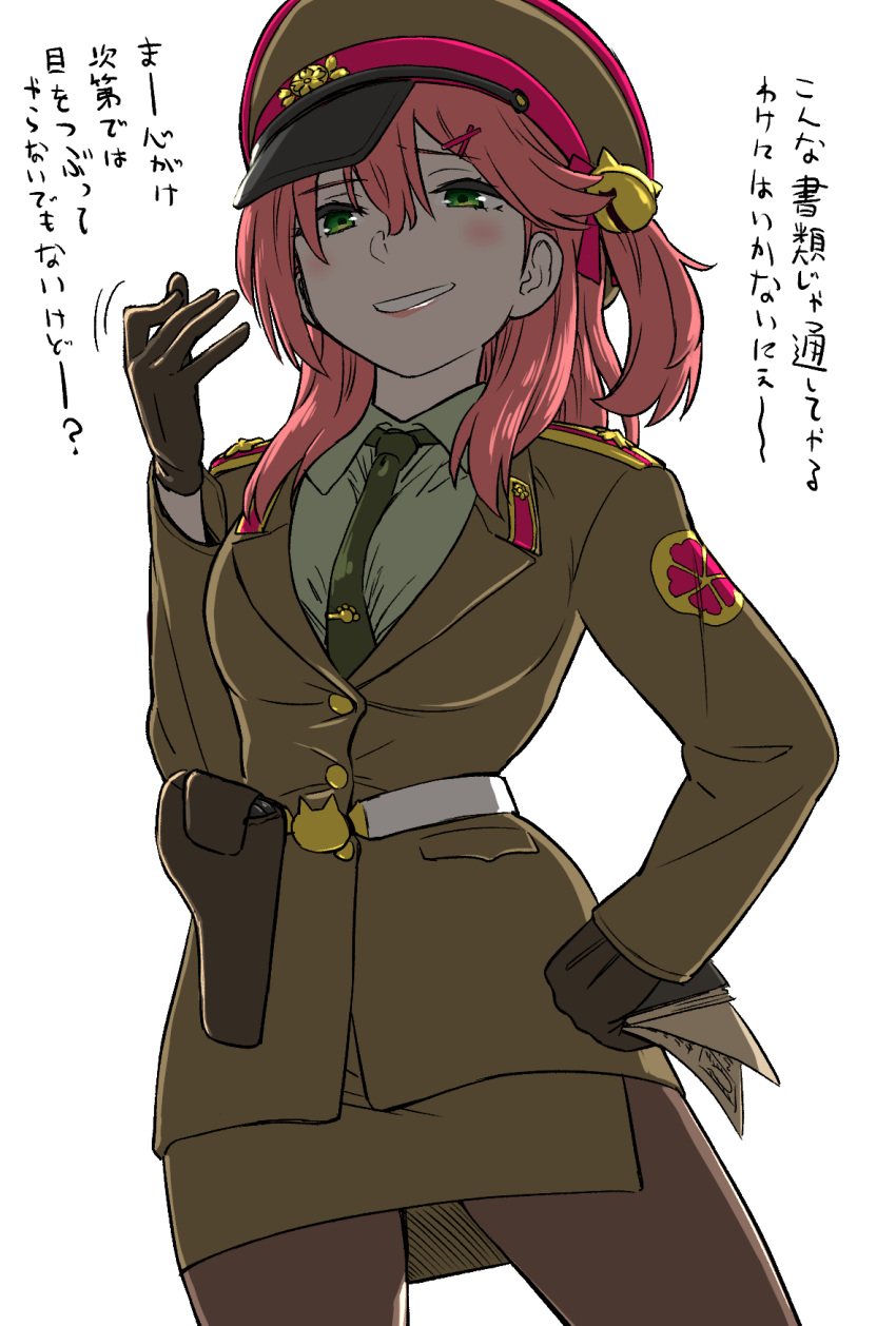 belt between_breasts breasts commentary_request gloves green_eyes hair_between_eyes hair_ornament hairclip hat highres hololive looking_at_viewer medium_hair military military_hat military_uniform necktie pantyhose papers_please sabaku sakura_miko simple_background translation_request uniform virtual_youtuber white_background