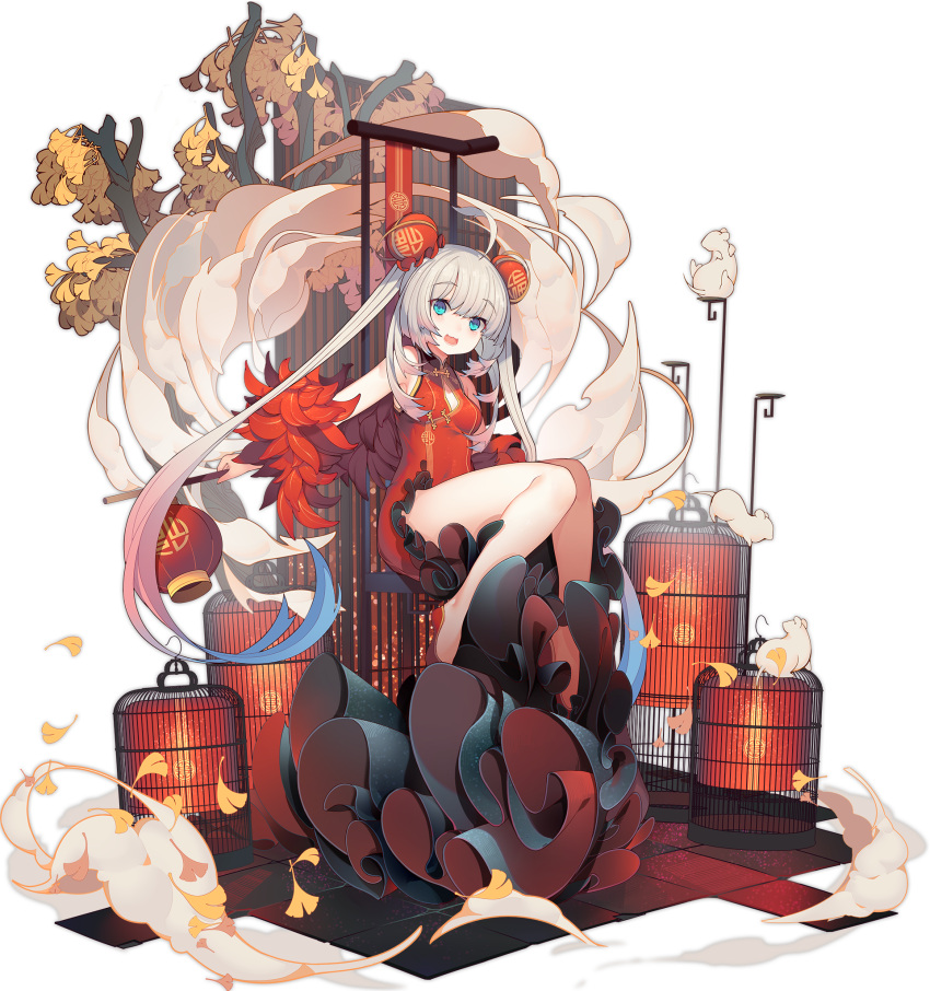1girl :3 ahoge azur_lane bangs blue_hair blunt_bangs blush breasts eyebrows_visible_through_hair grey_hair halsey_powell_(azur_lane) highres long_hair looking_at_viewer multicolored_hair official_art open_mouth rain_lan red_footwear redhead sitting small_breasts smile solo twintails very_long_hair