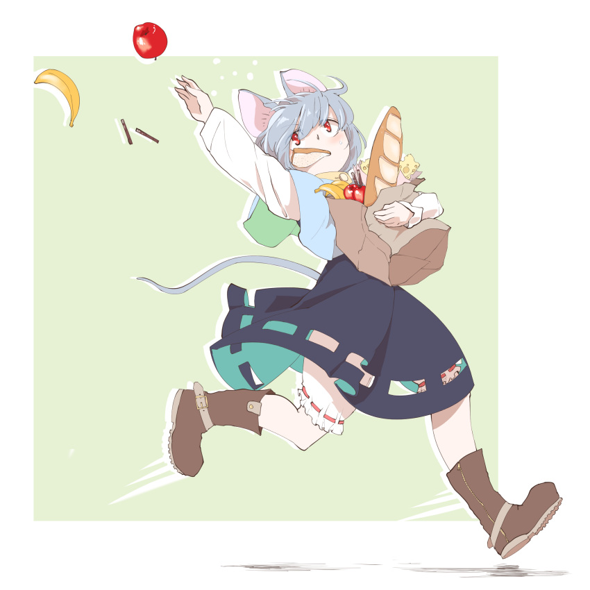 1girl animal_ears apple arm_up bag baguette bakuha banana black_skirt bloomers boots bread brown_footwear capelet cheese drop_shadow dropping food food_in_mouth fruit green_background grey_hair groceries highres holding holding_bag long_sleeves mouse_ears mouse_tail mouth_hold nazrin paper_bag reaching red_eyes running shirt short_hair simple_background skirt solo tail toast toast_in_mouth touhou underwear wafer_stick white_shirt zipper