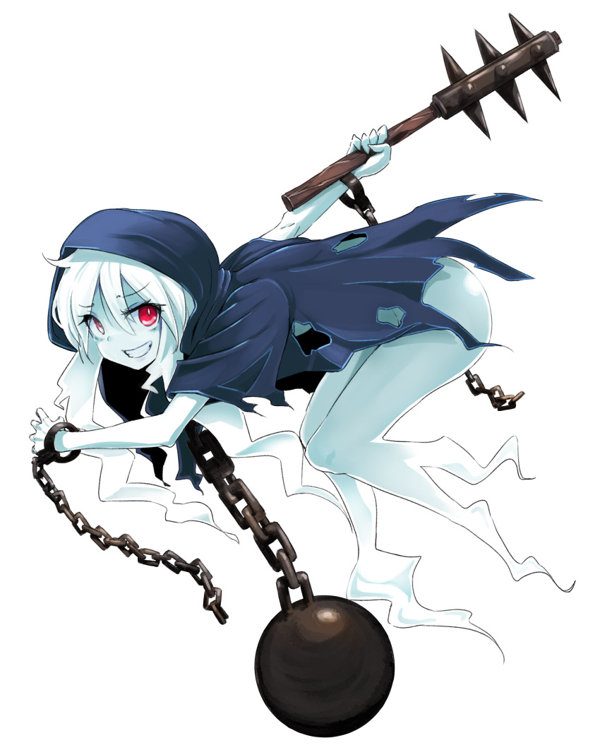 1girl absurdres ball_and_chain_restraint bangs blue_cloak chain chainrasp cloak club commentary_request cuffs eyebrows_visible_through_hair full_body ghost_tail grin hair_between_eyes highres holding holding_weapon hood hood_up hooded_cloak long_hair looking_at_viewer momo_(higanbana_and_girl) red_eyes simple_background smile solo spiked_club torn_cloak torn_clothes very_long_hair warhammer:_age_of_sigmar weapon white_background white_hair white_skin