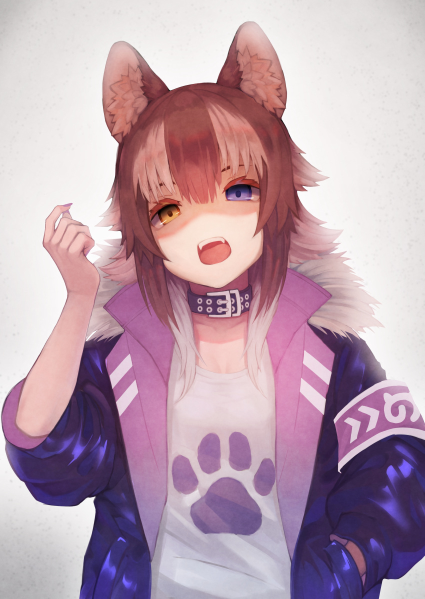1girl absurdres alternate_costume animal_ear_fluff animal_ears black_hair blue_eyes breasts collarbone fur_collar grey_wolf_(kemono_friends) heterochromia highres japari_symbol kemono_friends looking_at_viewer looking_down medium_breasts multicolored_hair nail nail_polish open_mouth shaded_face simple_background solo st.takuma two-tone_hair white_background wolf_ears wolf_girl yellow_eyes