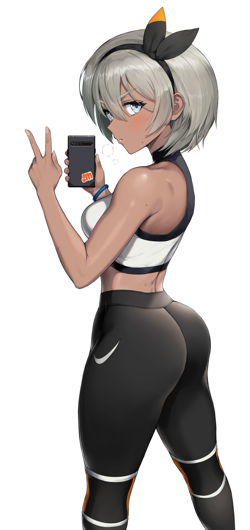 1girl absurdres bare_shoulders blush bodysuit_under_clothes breasts cellphone dark_skin greem_bang grey_hair gym_leader hair_between_eyes hairband highres holding holding_phone logo looking_at_viewer midriff nike pants phone pokemon pokemon_(game) pokemon_swsh saitou_(pokemon) self_shot short_hair simple_background smartphone solo sports_bra sportswear sweatdrop v v-shaped_eyebrows white_background wristband