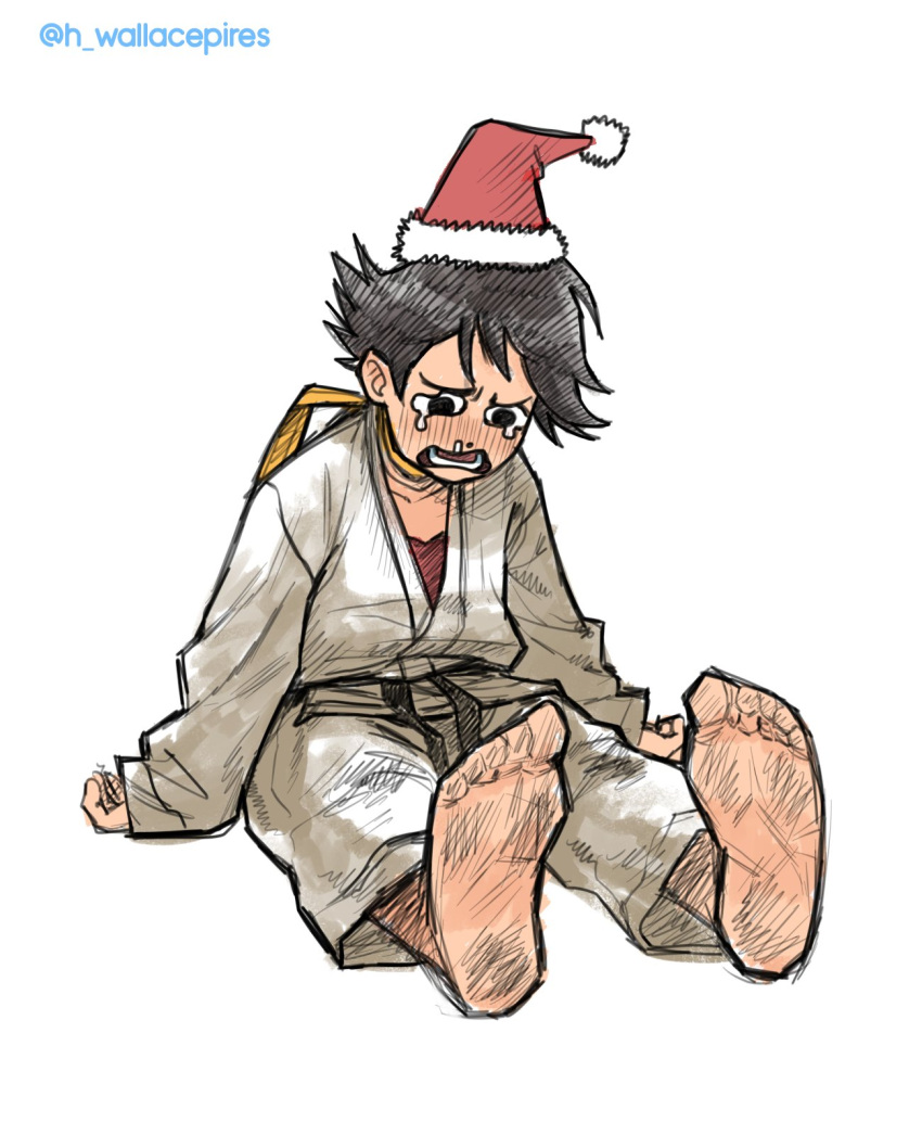 1girl belt black_belt black_eyes black_hair bra commentary crying crying_with_eyes_open dirty_feet dougi english_commentary hat highres karate_gi makoto_(street_fighter) open_mouth red_bra sad santa_hat scarf short_hair sitting sketch snot soles solo street_fighter street_fighter_iii_(series) street_fighter_v tears toes tomboy underwear wallace_pires white_background