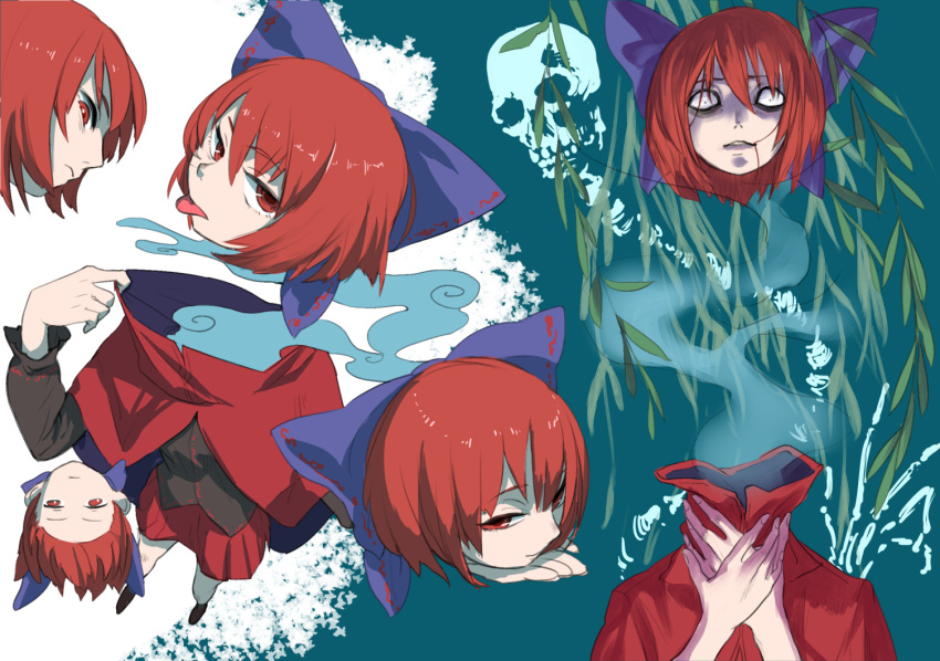 1girl amayadori-tei aqua_background bags_under_eyes black_blouse blouse blue_bow bow cloak constricted_pupils disembodied_head dullahan foreshortening hair_bow hair_in_mouth long_sleeves looking_at_viewer miniskirt multiple_views pleated_skirt red_eyes red_skirt redhead sekibanki short_hair skirt skull tongue tongue_out touhou two-tone_background upside-down white_background