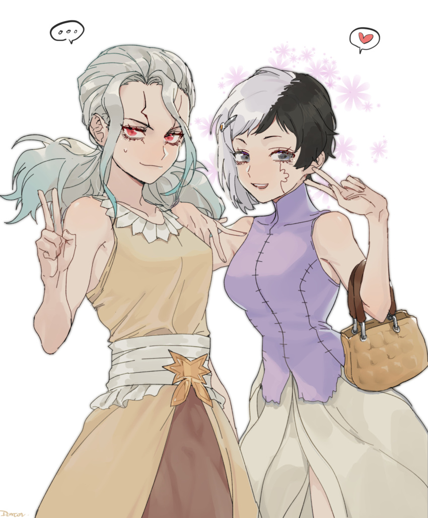 ... 2girls :d asagiri_gen bag black_hair closed_mouth doran7280 dr._stone dress floating_hair genderswap genderswap_(mtf) grey_eyes hair_intakes heart highres ishigami_senkuu long_hair long_skirt looking_at_viewer multicolored_hair multiple_girls open_mouth purple_shirt red_eyes shiny shiny_hair shirt short_hair sidelocks silver_hair simple_background skirt sleeveless sleeveless_dress sleeveless_shirt smile speech_bubble standing sweatdrop turtleneck two-tone_hair v white_background white_skirt yellow_dress