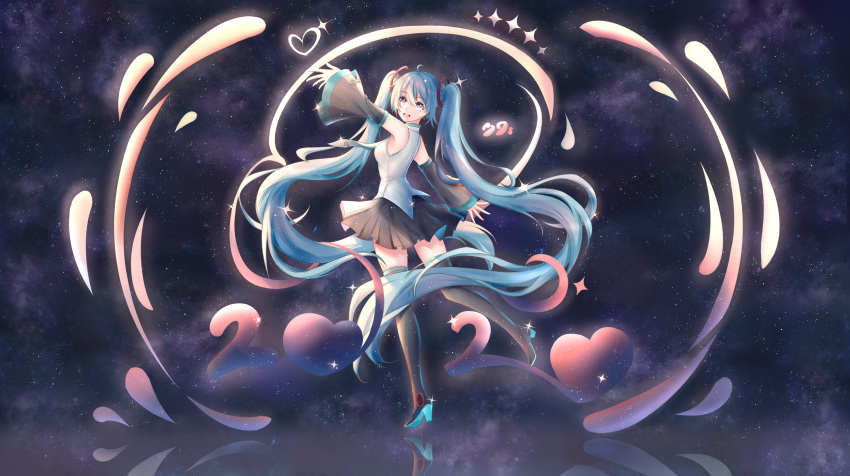 1319077531 1girl 2020 absurdres aqua_eyes aqua_hair aqua_neckwear arm_up bare_shoulders black_legwear black_skirt black_sleeves chinese_commentary commentary detached_sleeves from_side full_body grey_shirt hatsune_miku hatsune_miku_(vocaloid4)_(chinese) headphones heart highres leg_up long_hair looking_at_viewer miniskirt necktie open_mouth outstretched_arms reflection shirt skirt sky sleeveless sleeveless_shirt smile solo star star_(sky) starry_sky swirl thigh-highs twintails very_long_hair vocaloid zettai_ryouiki