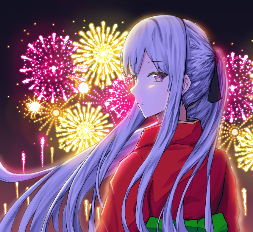 1girl ak-12_(girls_frontline) defy_(girls_frontline) drawing fireworks girls_frontline highres japanese_clothes kimono long_hair looking_at_viewer night silver_hair solo tagme talnory violet_eyes