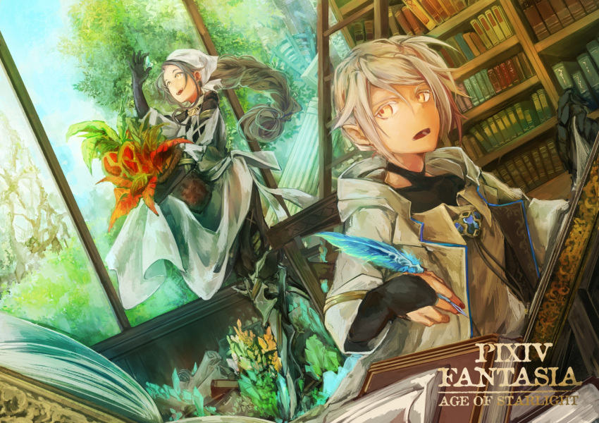 1boy 1girl :d black_gloves book bookshelf braid copyright_name dress dutch_angle gloves grey_hair highres indoors ladder open_book open_mouth pixiv_fantasia_age_of_starlight quill scroll silver_hair sitting smile suzunana0730 tree window