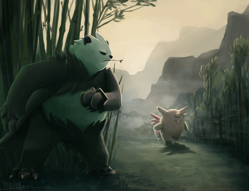 bear claws clefable commentary creature english_commentary full_body gameplay_mechanics gen_1_pokemon gen_6_pokemon hiding mcgmark mountain mouth_hold no_humans outdoors panda pangoro plant pokemon pokemon_(creature) shadow sky standing walking watermark web_address