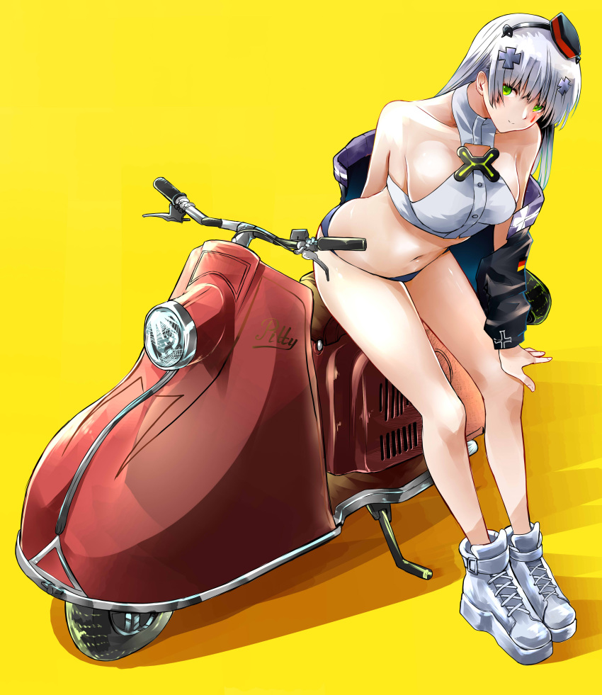 1girl absurdres bikini blue_hair breasts girls_frontline green_eyes ground_vehicle hat highres hk416_(girls_frontline) jacket_on_shoulders kyoyakyo long_hair looking_at_viewer motor_vehicle open_clothes scooter simple_background solo swimsuit