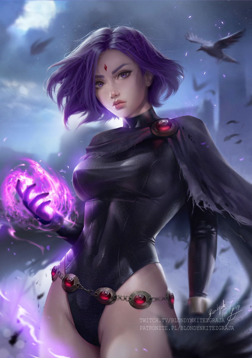 1girl blondynkitezgraja clouds cloudy_sky colored_pencil_(medium) dc_comics energy gloves highres looking_at_viewer purple_hair raven_(dc) short_hair signature sky solo teen_titans traditional_media upper_body violet_eyes watermark web_address