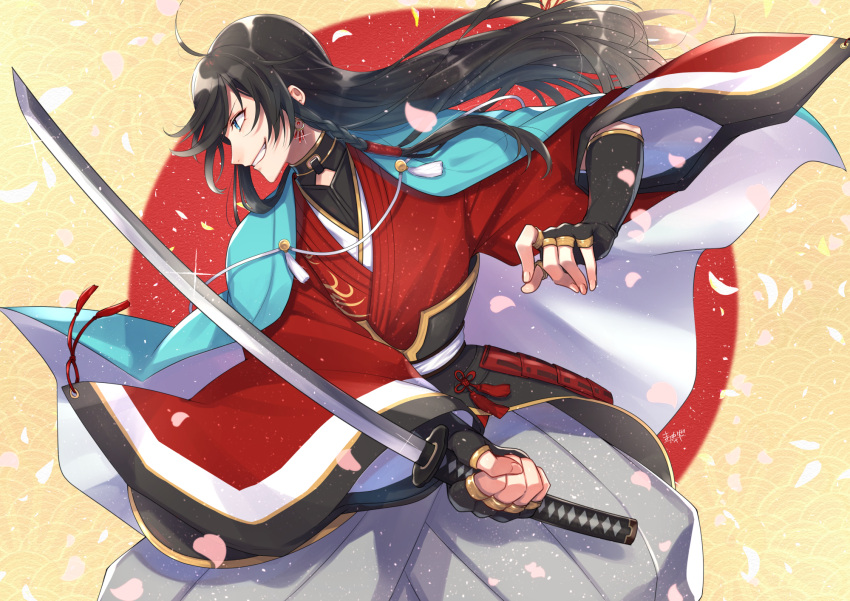 1boy black_gloves black_hair blue_eyes braid cape earrings fingerless_gloves gloves grin hakama highres izumi-no-kami_kanesada japanese_clothes jewelry katana kishinaito long_hair male_focus petals profile seigaiha side_braid smile sword touken_ranbu weapon