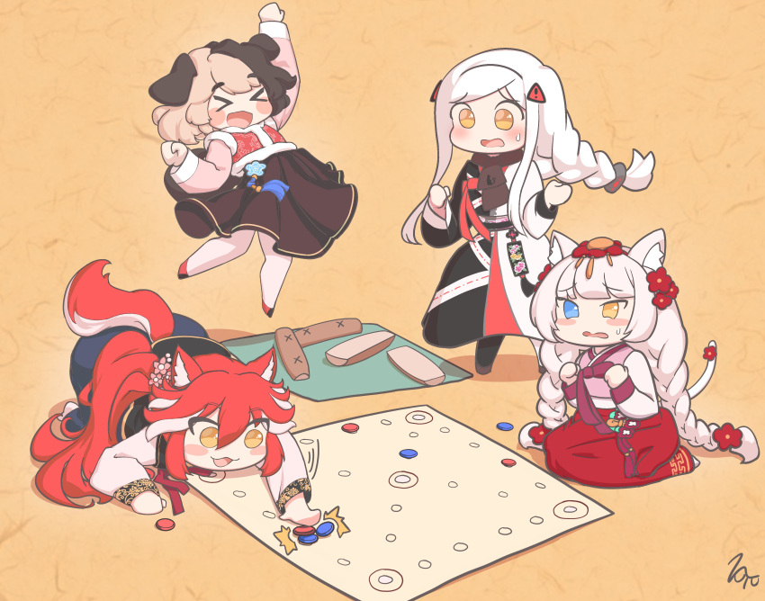 4girls :3 absurdres animal_ears black_hair black_lilith_(last_origin) blue_eyes blush blush_stickers cat_ears cat_girl cat_tail chibi chinese_new_year cs_perrault_(last_origin) dog_ears dog_girl dog_tail fenrir_(last_origin) full_body hachiko_of_castling hair_between_eyes hanbok heterochromia highres hoyo jumping korean_clothes last_origin light_brown_hair long_hair multicolored_hair multiple_girls redhead short_hair tail traditional_clothes two-tone_hair white_hair wolf_ears wolf_girl wolf_tail yellow_eyes