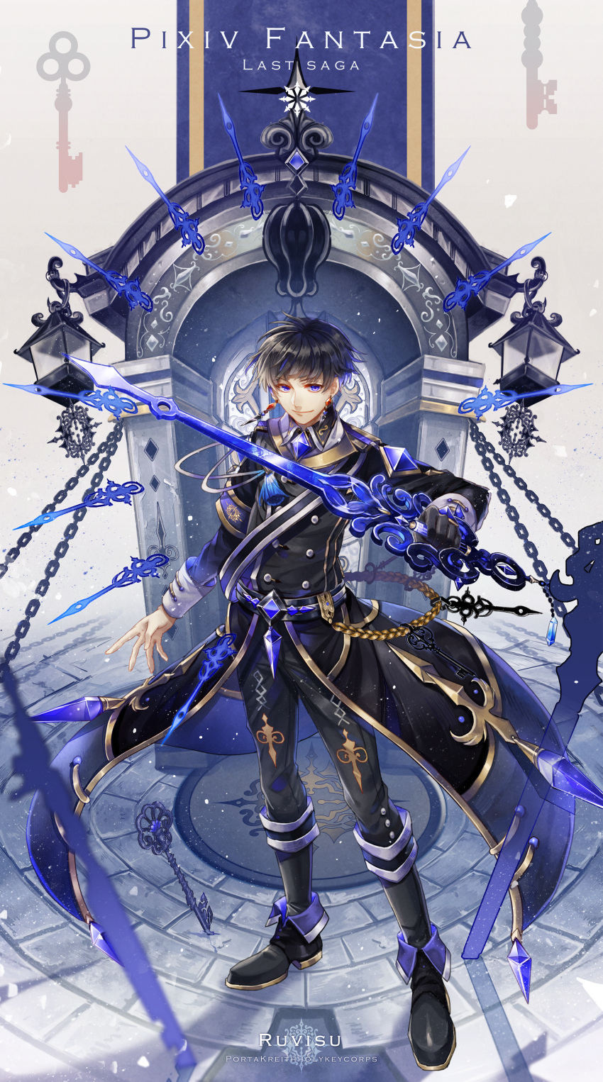 1boy absurdres arch armband black_gloves black_hair black_pants blue_eyes chain character_name copyright_name earrings full_body gloves highres holding holding_sword holding_weapon huge_filesize jewelry key lantern male_focus military military_uniform pants pixiv_fantasia pixiv_fantasia_last_saga ruvisu_(pixiv_fantasia_last_saga) standing sword uniform weapon yorukage