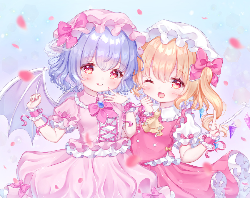 2girls ;p absurdres ascot bat_wings blonde_hair bow brooch dress flandre_scarlet frills hat hat_ribbon highres jewelry lavender_hair lolita_fashion looking_at_viewer mob_cap multiple_girls omochi_monaka one_eye_closed open_mouth pink_dress puffy_short_sleeves puffy_sleeves red_bow red_eyes red_vest remilia_scarlet ribbon ribbon_trim short_hair short_sleeves siblings side_ponytail sisters smile the_embodiment_of_scarlet_devil tongue tongue_out touhou vest wings wrist_cuffs yume_kawaii
