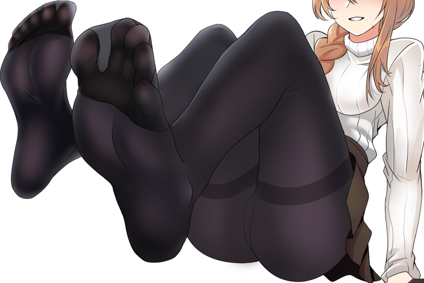 1girl alternate_costume arm_support black_legwear blush braid breasts brown_hair brown_skirt feet feet_up girls_frontline gloves hair_over_shoulder head_out_of_frame highres large_breasts long_hair m1903_springfield_(girls_frontline) panties panties_under_pantyhose pantyhose pdc ribbed_sweater sidelocks simple_background single_braid sitting skirt smile solo sweatdrop sweater toes turtleneck turtleneck_sweater underwear white_background white_sweater