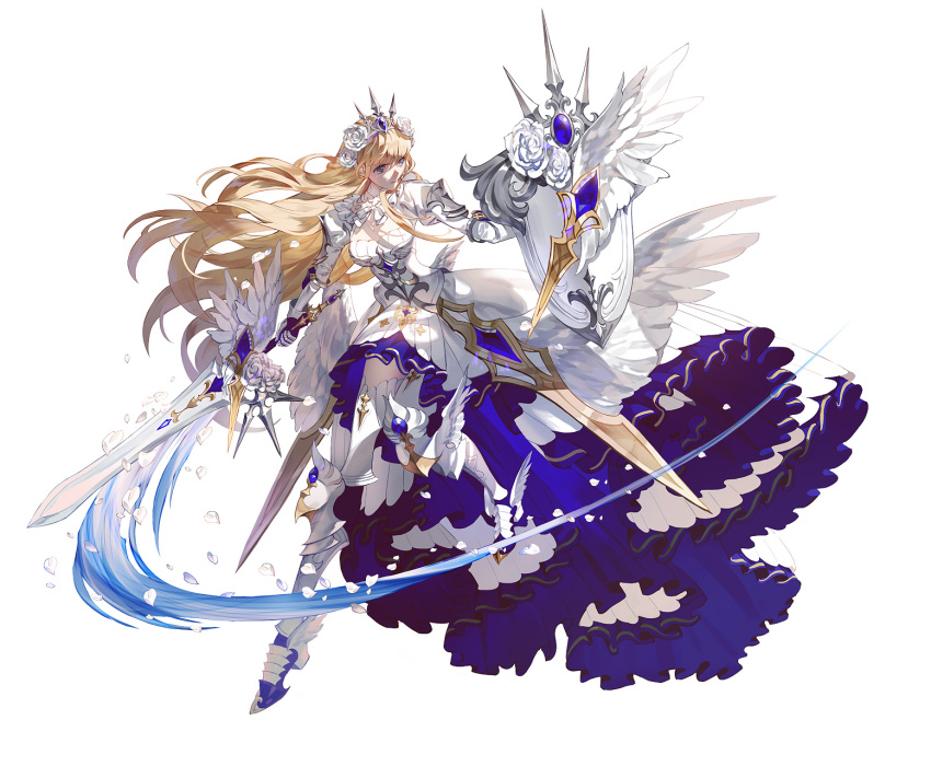 1girl bangs blonde_hair blush breasts crown dress fajyobore323 full_body gauntlets greaves highres holding holding_shield holding_sword holding_weapon long_hair original pauldrons shield simple_background solo sword very_long_hair weapon white_background