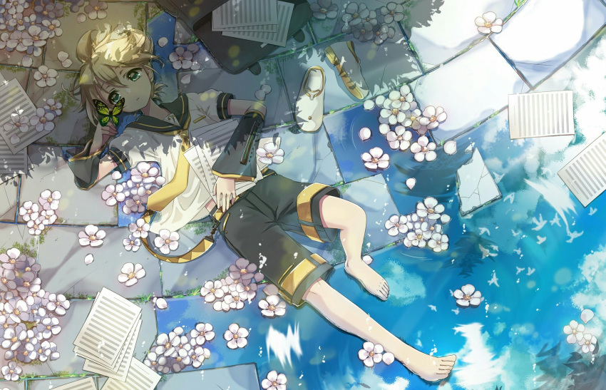 1boy bass_clef bird black_collar black_shorts blonde_hair blue_sky bug butterfly butterfly_on_finger collar day dove flower from_above full_body green_eyes hekicha highres holding holding_paper insect kagamine_len knees_up lying male_focus necktie on_back outdoors paper parted_lips petals puddle reflection sailor_collar school_uniform shade shadow sheet_music shirt shoes shoes_removed short_sleeves shorts sky solo spiky_hair stone_floor suitcase vocaloid white_shirt yellow_neckwear